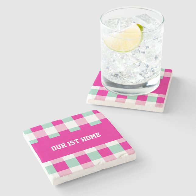 Gingham Pattern Our 1st Home Stone Coaster (Side)