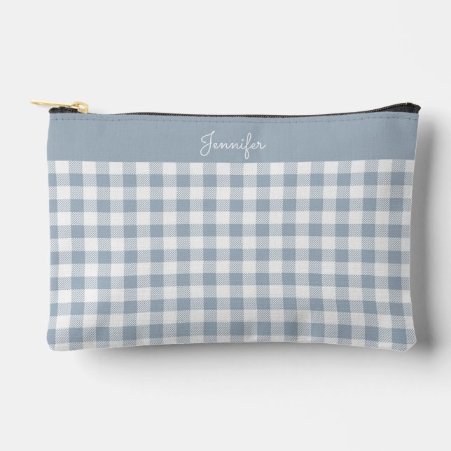 Gingham Pattern Plaid Preppy Check Blue White Name Accessory Pouch (Front)