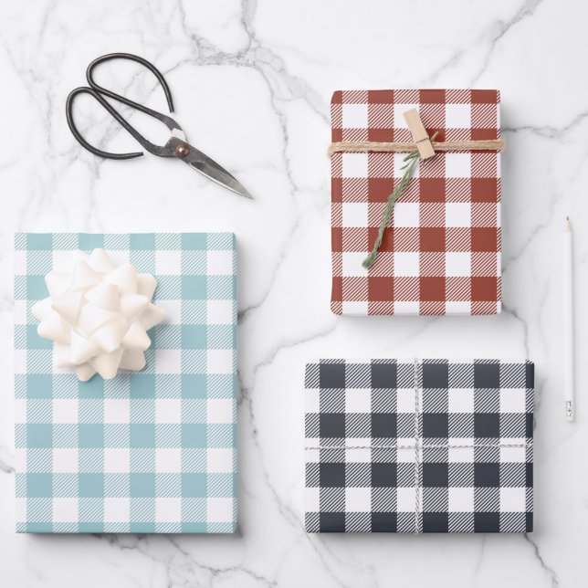 Gingham Pattern Set Fall Holiday Wrapping Paper Sheets (Front)