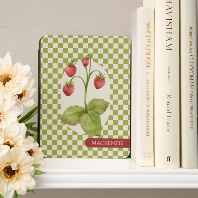 Gingham Pattern Strawberry With Personalized Name Kindle Cover (In Use (Bookshelf))