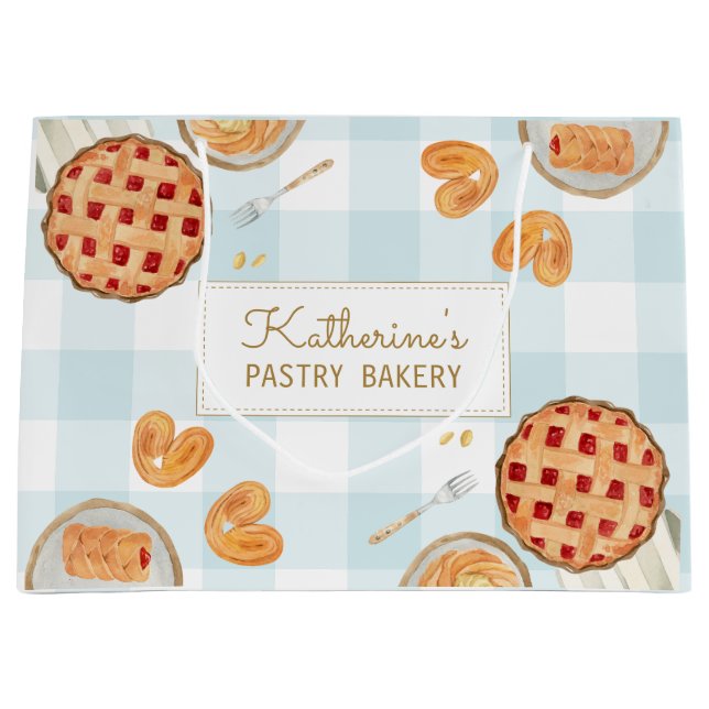 Gingham Pattern Watercolor Pastries Baking Bakery  Large Gift Bag (Front)