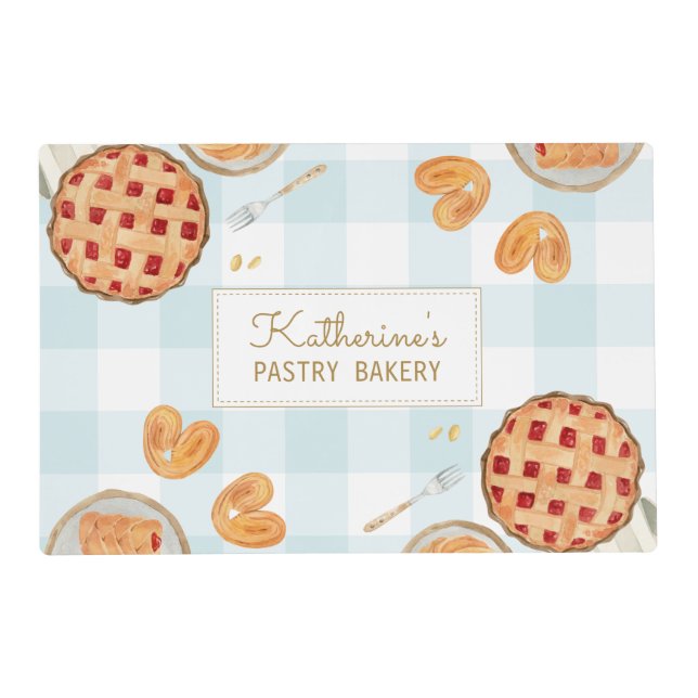 Gingham Pattern Watercolor Pastries Baking Bakery Placemat (Front)