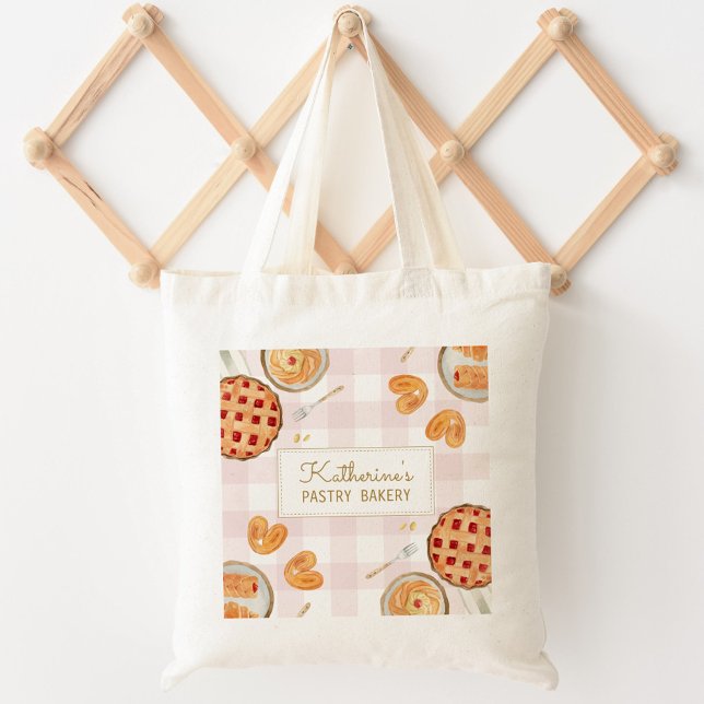 Gingham Pattern Watercolor Pastries Baking Bakery  Tote Bag (In situ)