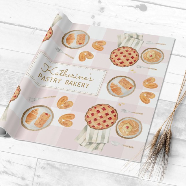 Gingham Pattern Watercolor Pastries Baking Bakery Wrapping Paper (Close up)