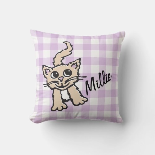 Gingham patterned cat purple  white throw pillow