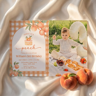 Gingham Peach Boy Birthday Invitation Photo