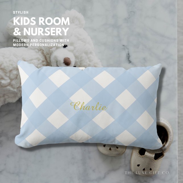 Gingham Personalized Blue Lumbar Pillow Cushion (Creator Uploaded)