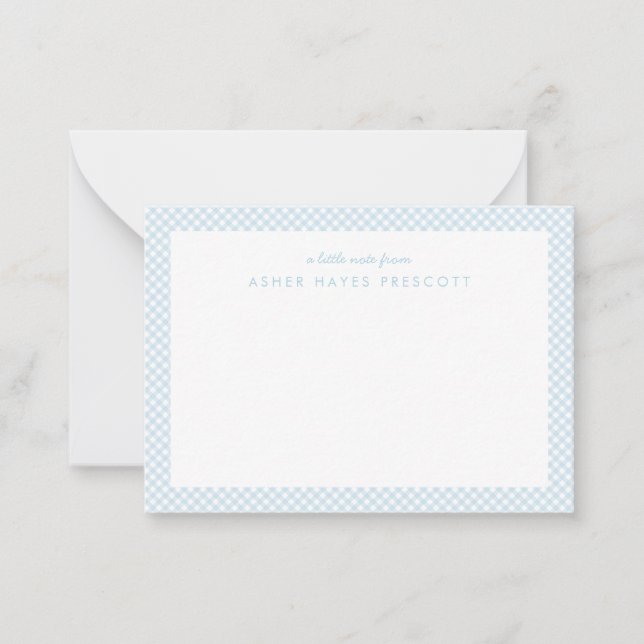 Gingham personalized children's blue note card (Front)