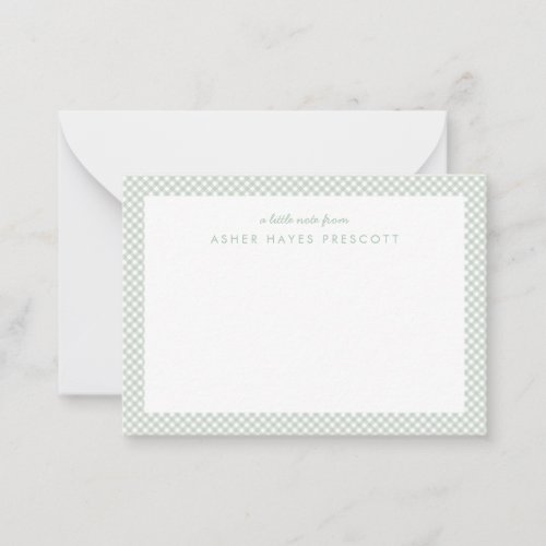 Gingham personalized childrens green note card