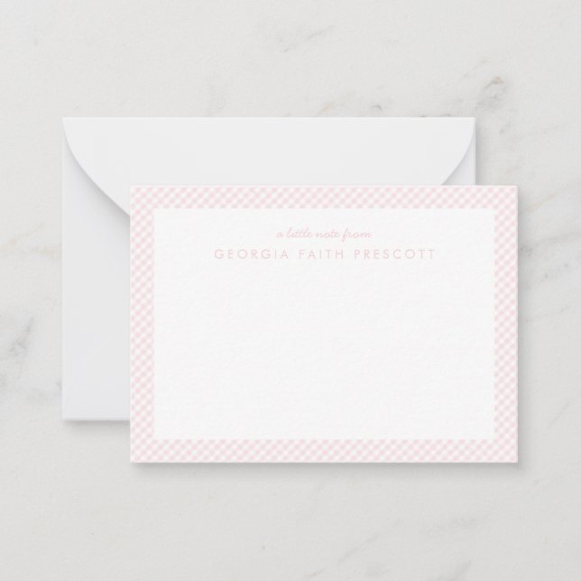 Gingham personalized children's pink note card (Front)