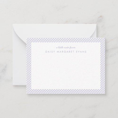 Gingham personalized childrens purple note card