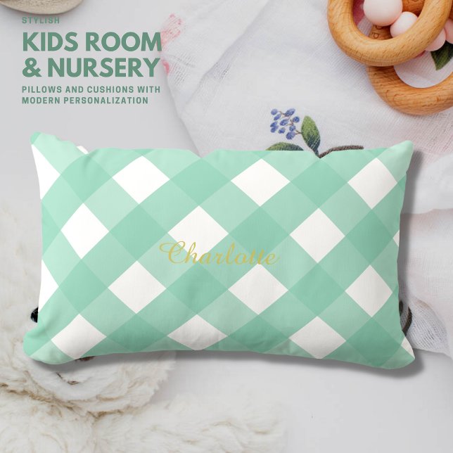 Gingham Personalized Green Lumbar Pillow Cushion (Creator Uploaded)
