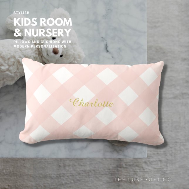 Gingham Personalized Pink Lumbar Pillow Cushion (Creator Uploaded)