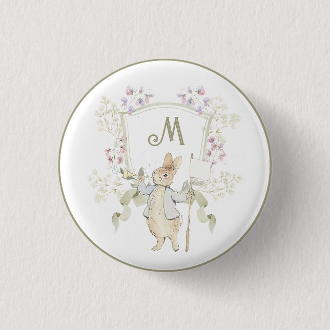 Gingham Peter the Rabbit Blue Monogram Baby Shower Button (Front)