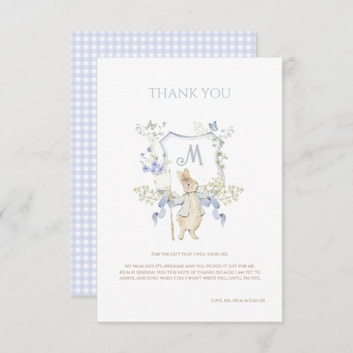 Gingham Peter the Rabbit Blue Monogram Baby Shower Thank You Card