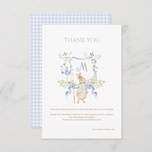 Gingham Peter the Rabbit Blue Monogram Baby Shower Thank You Card