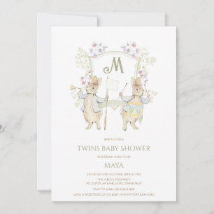 Gingham Peter the Rabbit Crest Twins Baby Shower Invitation