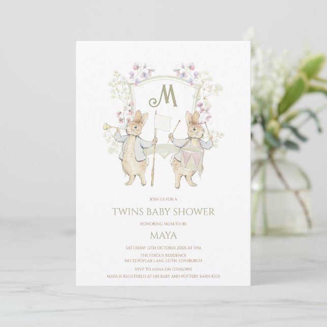 Gingham Peter the Rabbit Crest Twins Baby Shower Invitation (Standing Front)