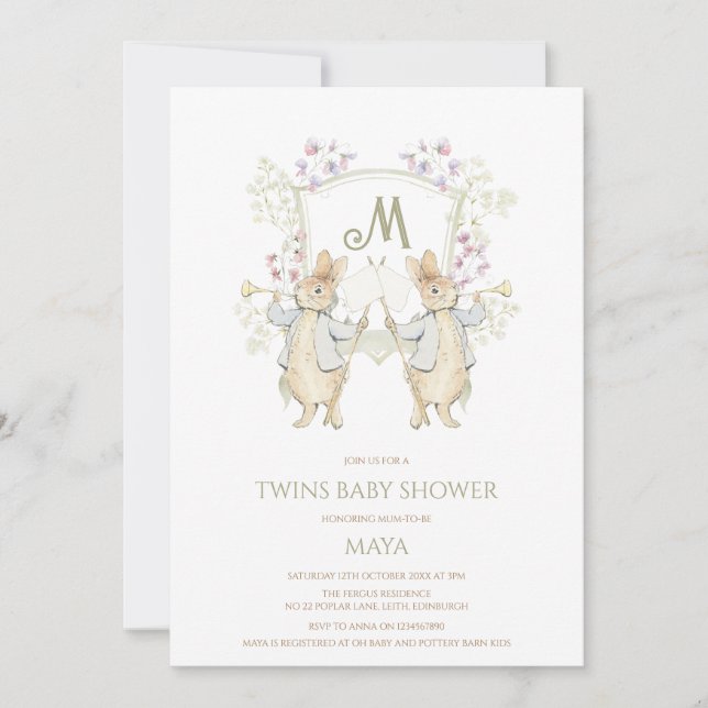 Gingham Peter the Rabbit Crest Twins Baby Shower Invitation (Front)