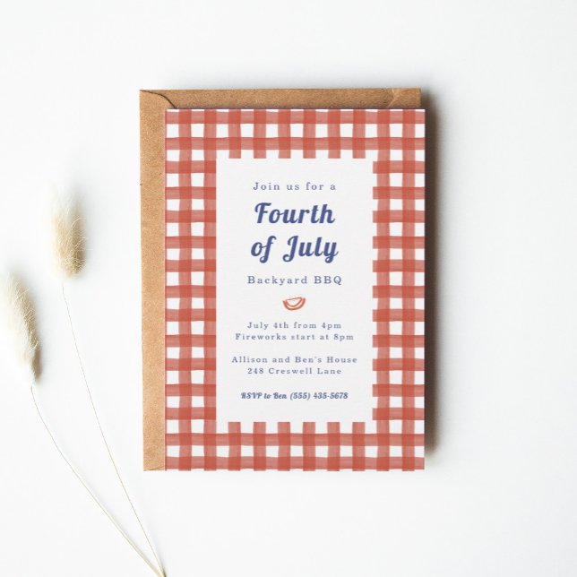 Gingham Picnic Blanket Fourth of July BBQ Invitation (Classic red gingham (with blue on the back!) sets the tone for an All-American shindig!)