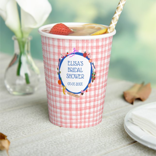 Gingham Picnic Modern Cute CUSTOM Bridal Shower Paper Cups (Insitu)