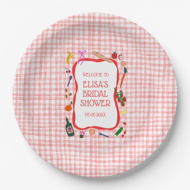 Gingham Picnic Modern Cute CUSTOM Bridal Shower Paper Plates (Front)