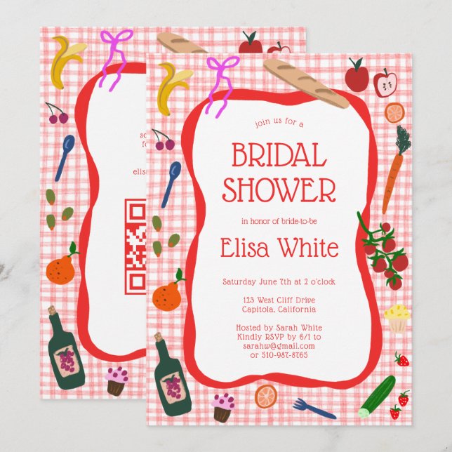 Gingham Picnic Modern Cute CUSTOM QR Bridal Shower Invitation (Front/Back)