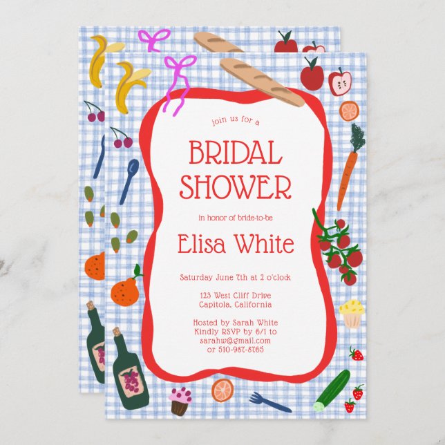 Gingham Picnic Modern Cute CUSTOM QR Bridal Shower Invitation (Front/Back)