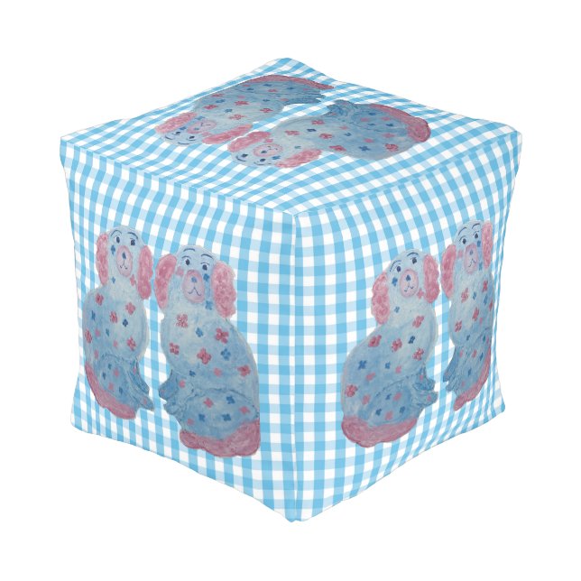 Gingham Pink and Blue Staffordshire Dogs Pouf (Angled Back)