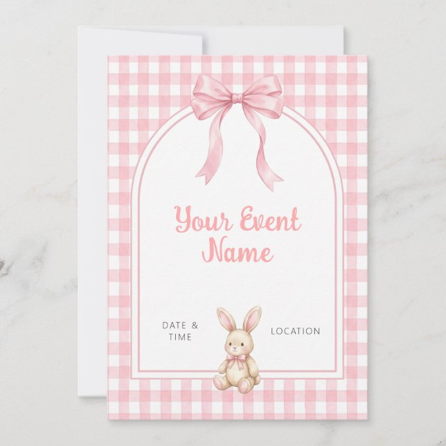 Gingham Pink Arch Bow Bunny Invitation (Front)