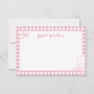 Gingham Pink Boot Girls Stationery Thank You Card