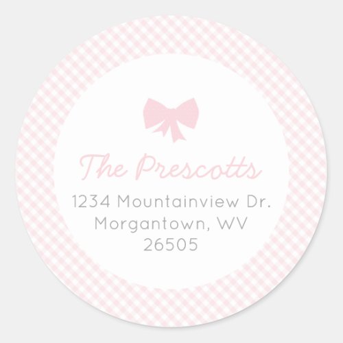 Gingham pink bow baby shower classic round sticker