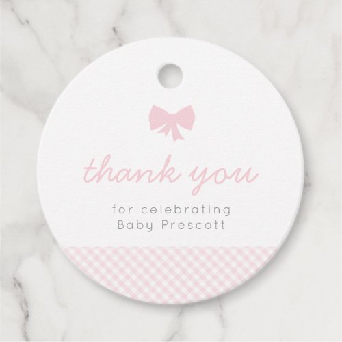 Gingham pink bow baby shower favor tags