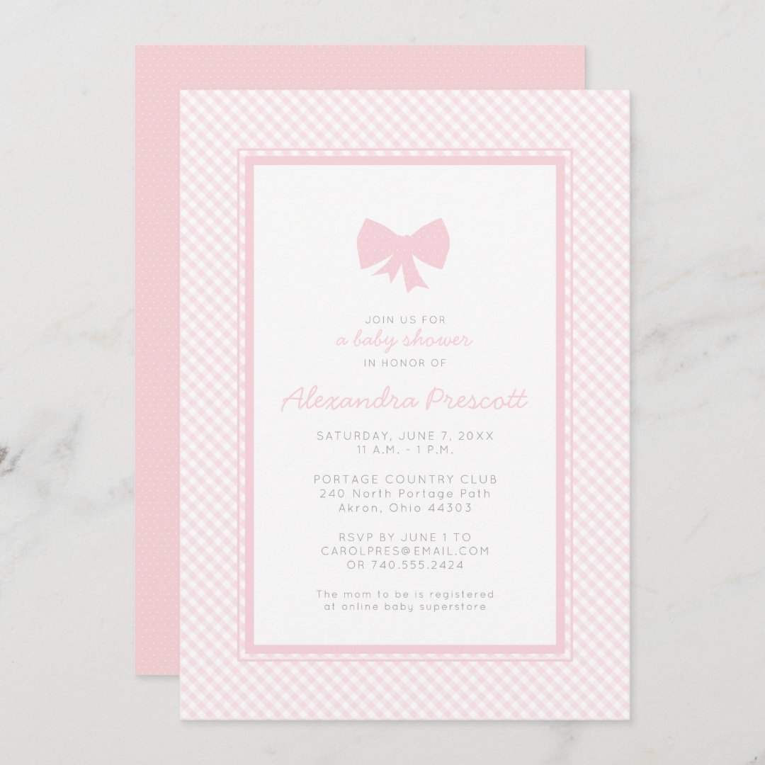 Gingham pink bow baby shower invitation | Zazzle