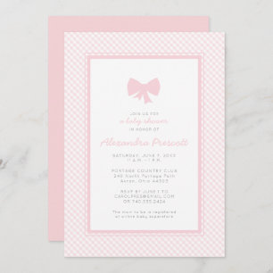 Gingham pink bow baby shower invitation