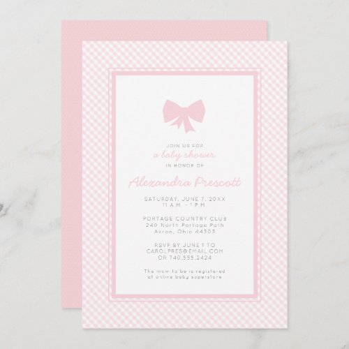 Gingham pink bow baby shower invitation