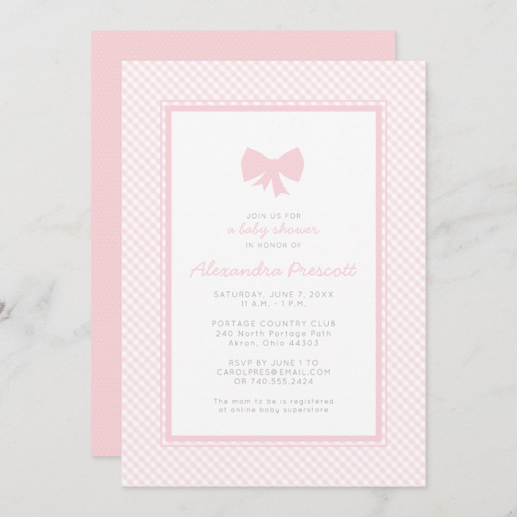 Gingham Pink Bow Baby Shower Invitation 