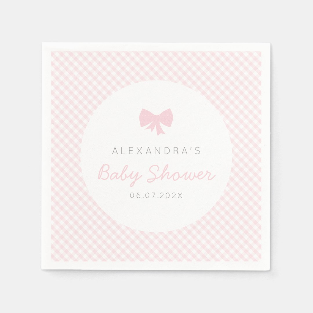 Gingham pink bow baby shower napkins | Zazzle