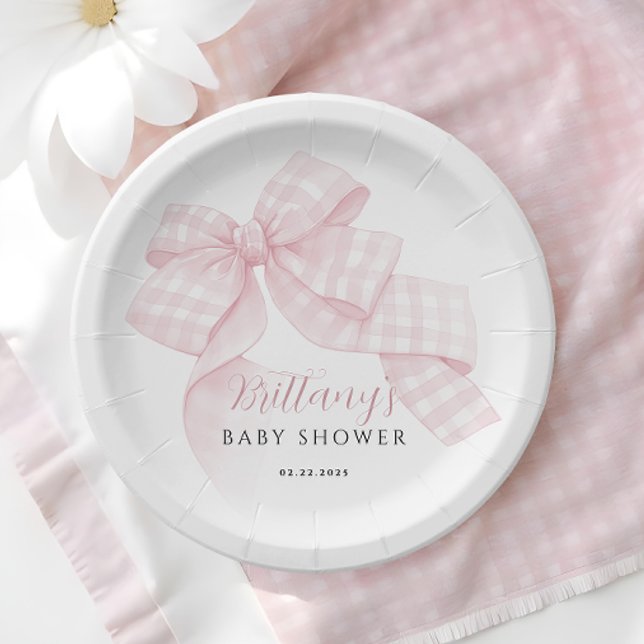 Gingham Pink Bow Baby Shower Paper Plates (Creator Uploaded)