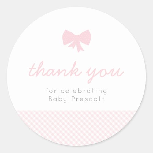 Gingham pink bow baby shower sticker