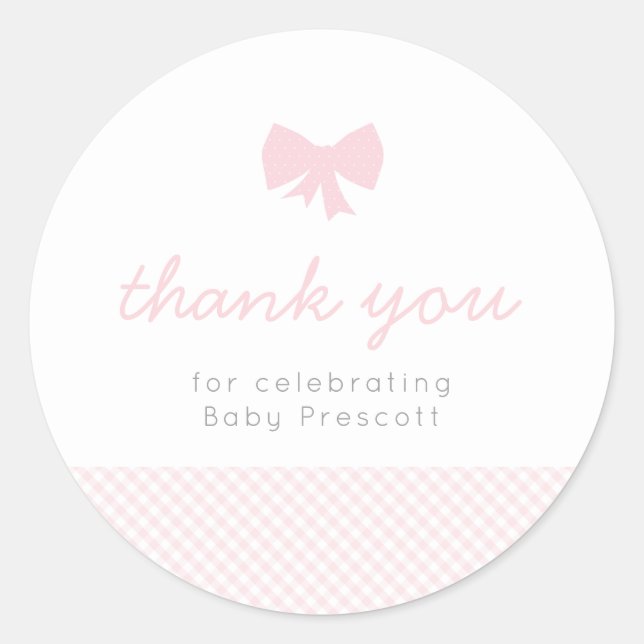 Gingham pink bow baby shower sticker (Front)