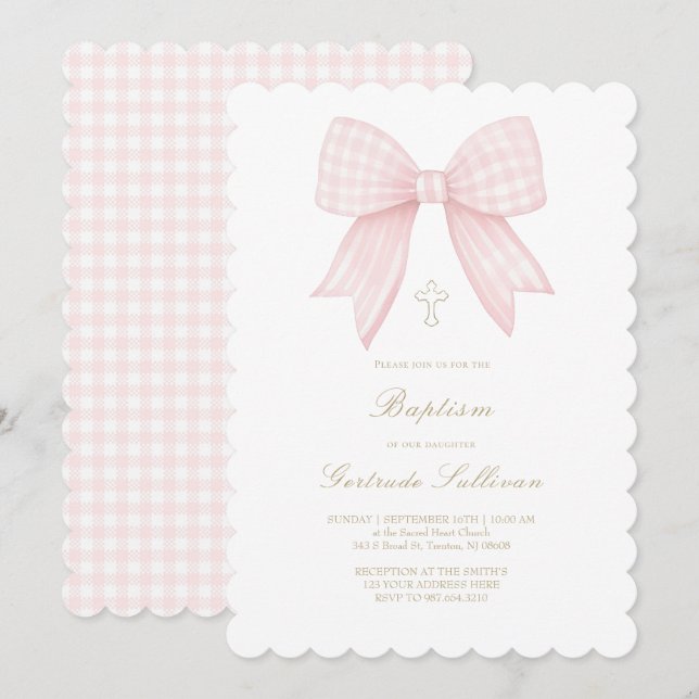 gingham pink bow | Baptism Invitation (Front/Back)