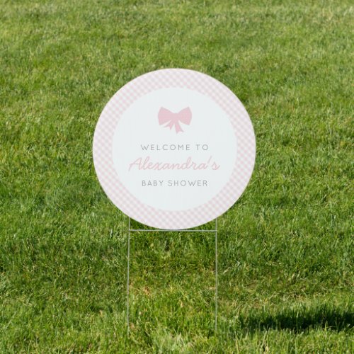 Gingham pink bow girl baby shower outdoor sign