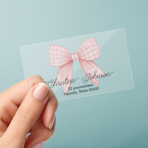 gingham pink bow logo clear business cards
