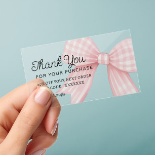 gingham pink bow thank you clear business cards