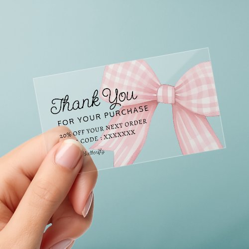 gingham pink bow thank you clear business cards