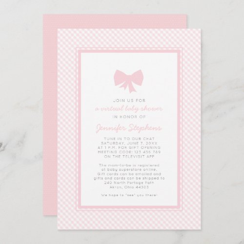 Gingham pink bow  virtual baby shower invitation