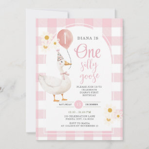 Gingham Pink Daisy One Silly Goose 1st Birthday  Invitation