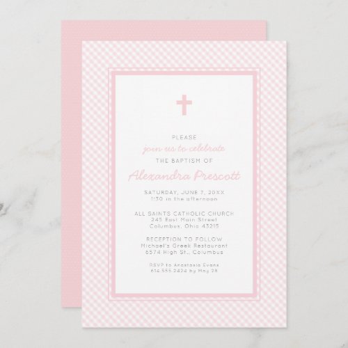 Gingham pink girl baptism invitation