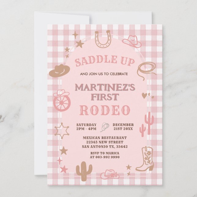 Gingham Pink Girl My First Rodeo Cowgirl Birthday Invitation (Front)